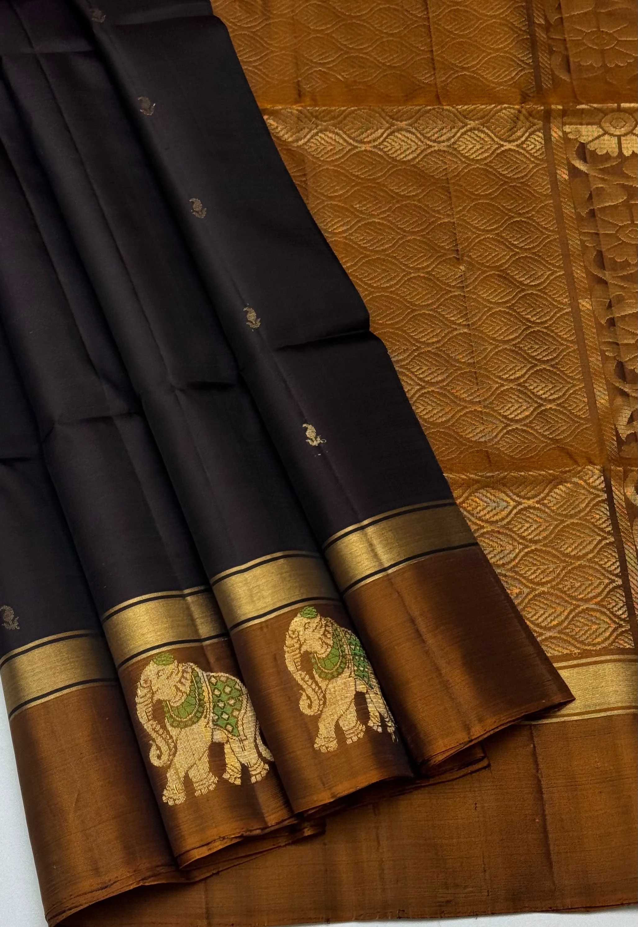 Dark Coffee Brown with Copper Brown Antique Gold Elephant Border Kanchipuram Silk Saree